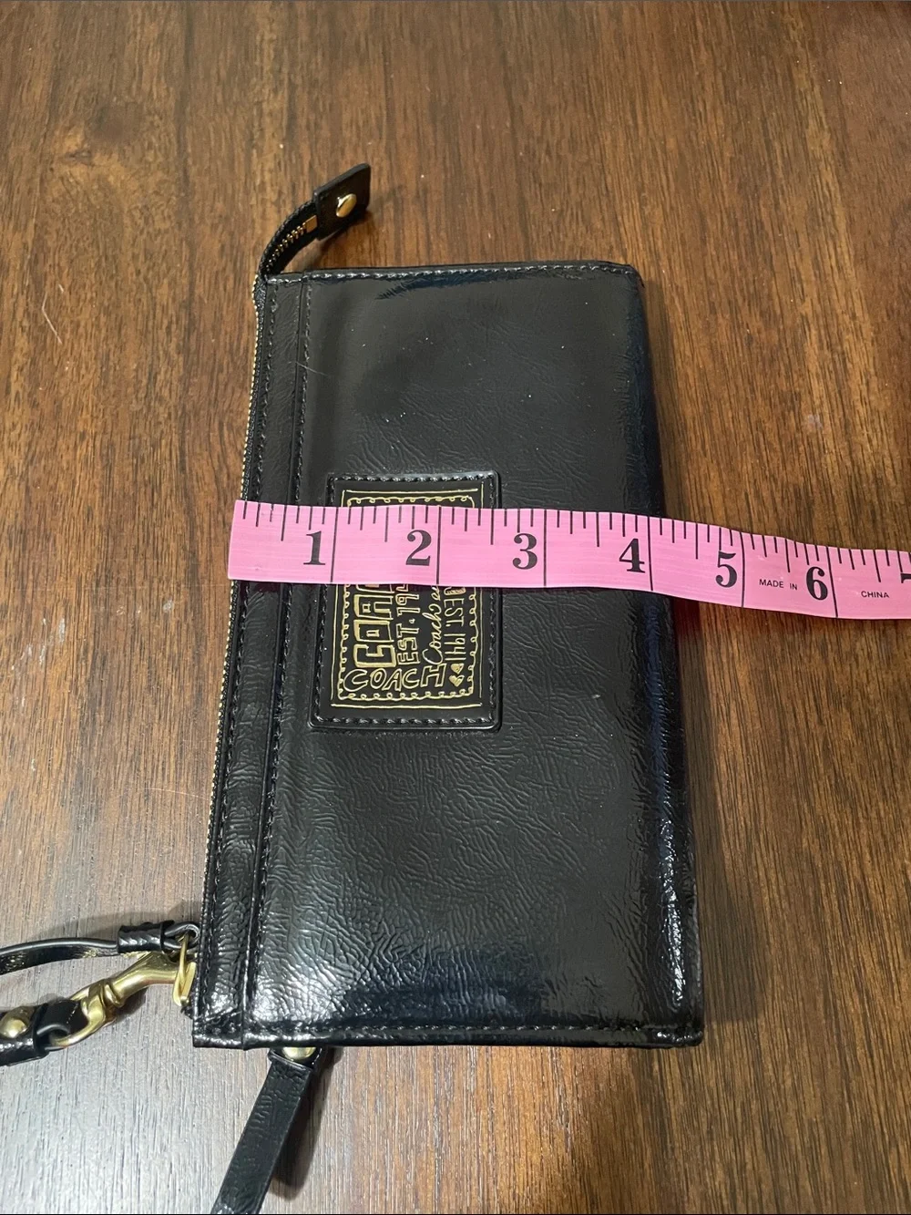 Coach Poppy Black Patent Leather Wristlet Wallet with Gold Plaque